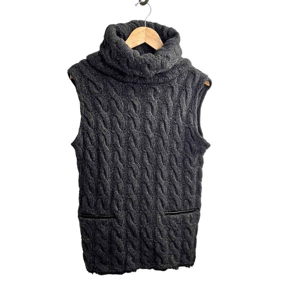 EMERSON FRY Charcoal Gray Cable Knit Fisherman Knit Vest Leather Trim Accent SM